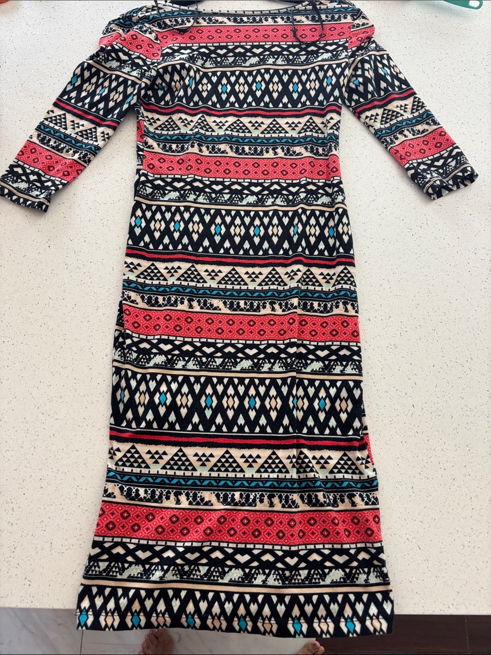 Papaya Maxi Dress in Coral, Black, Cream & Teal Tribal Stripe